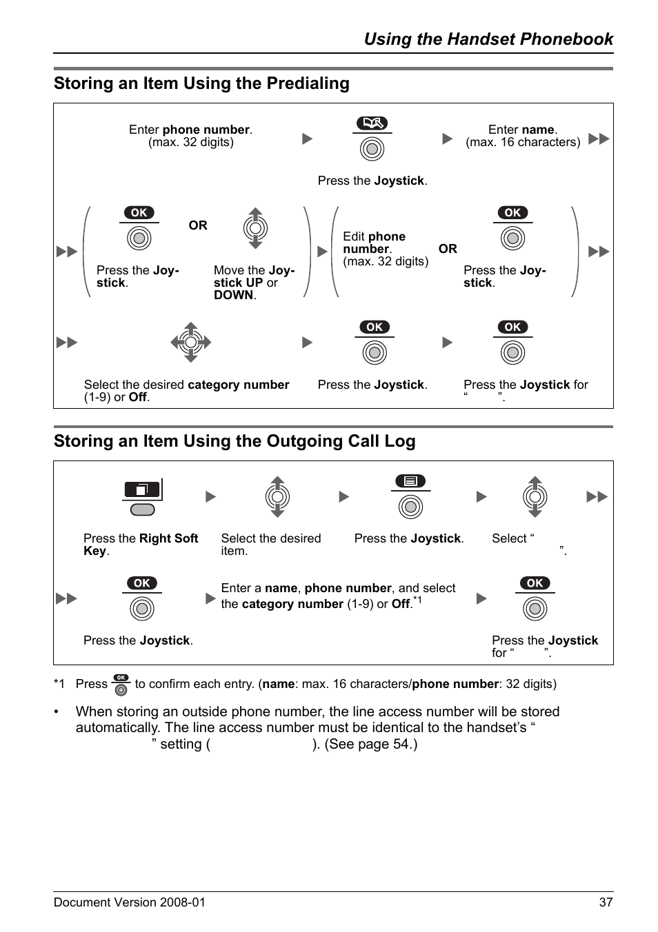 Storing an item using the predialing, Storing an item using the outgoing call log, Using the handset phonebook | Panasonic 6.0 plus User Manual | Page 37 / 68