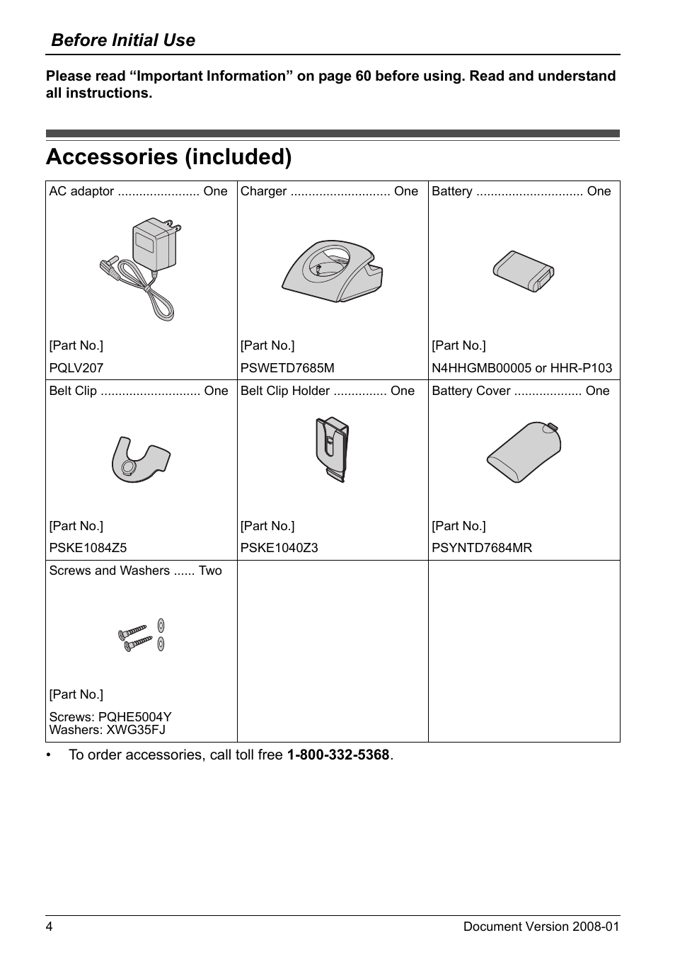 Before initial use, Accessories (included) | Panasonic 6.0 plus User Manual | Page 4 / 68