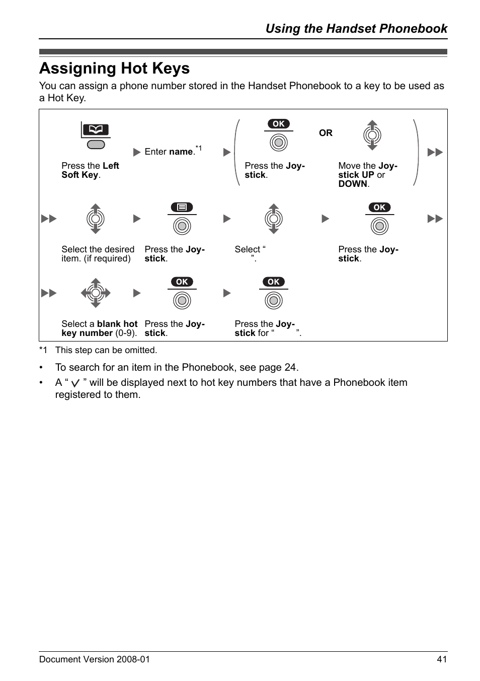 Assigning hot keys, Age 41, Using the handset phonebook | Panasonic 6.0 plus User Manual | Page 41 / 68