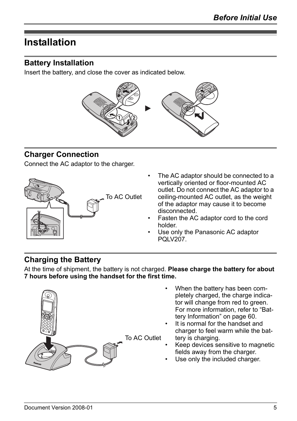 Installation, Battery installation, Charger connection | Charging the battery, Before initial use, Battery installation charger connection | Panasonic 6.0 plus User Manual | Page 5 / 68