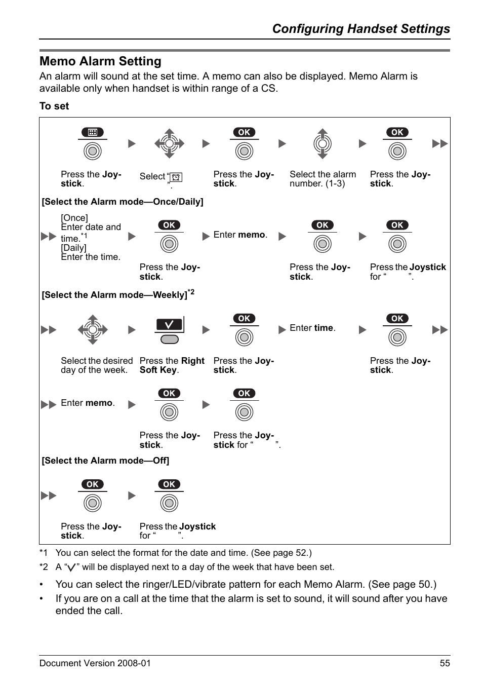 Memo alarm setting, Configuring handset settings | Panasonic 6.0 plus User Manual | Page 55 / 68