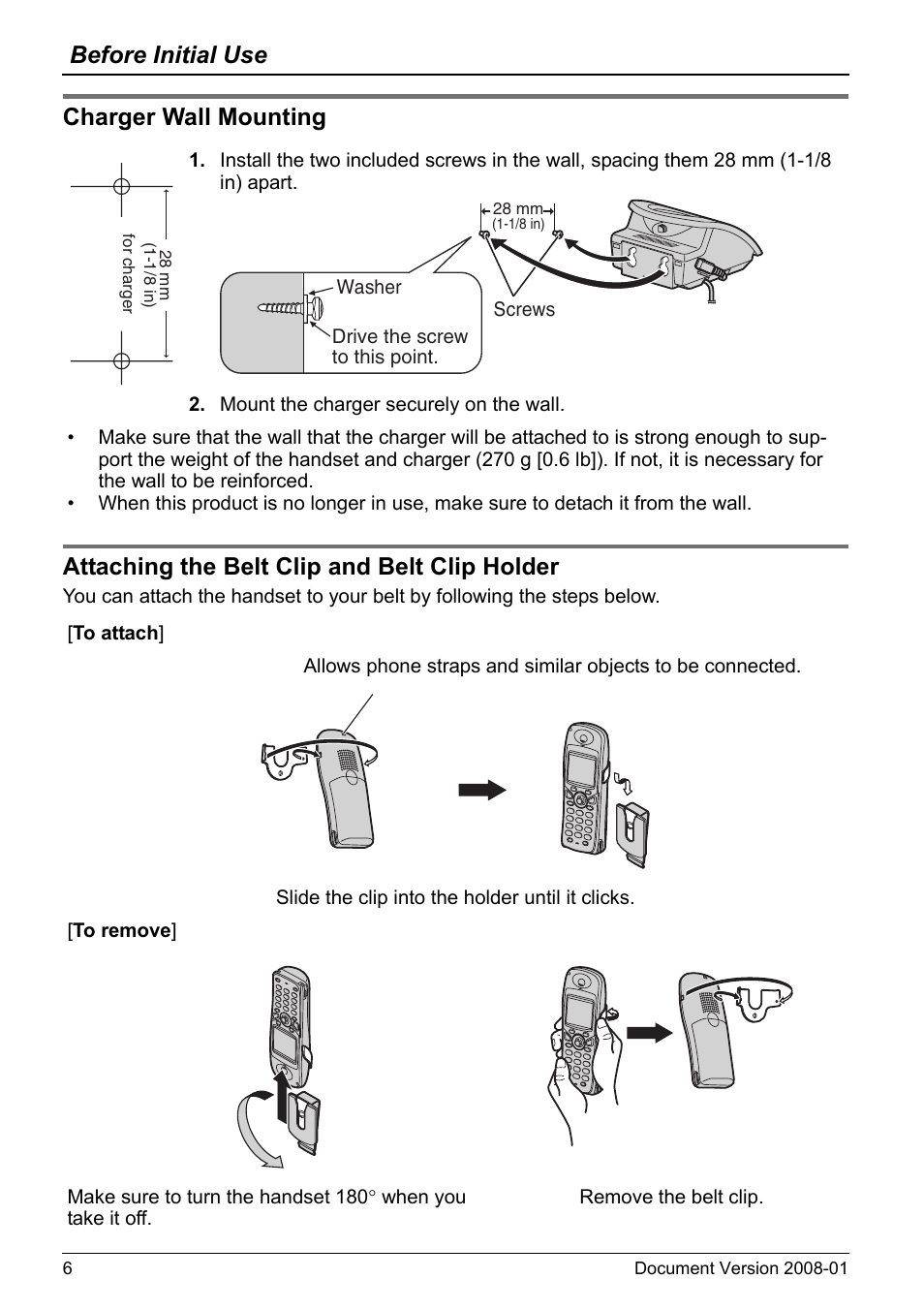 Charger wall mounting, Attaching the belt clip and belt clip holder, Before initial use | Panasonic 6.0 plus User Manual | Page 6 / 68