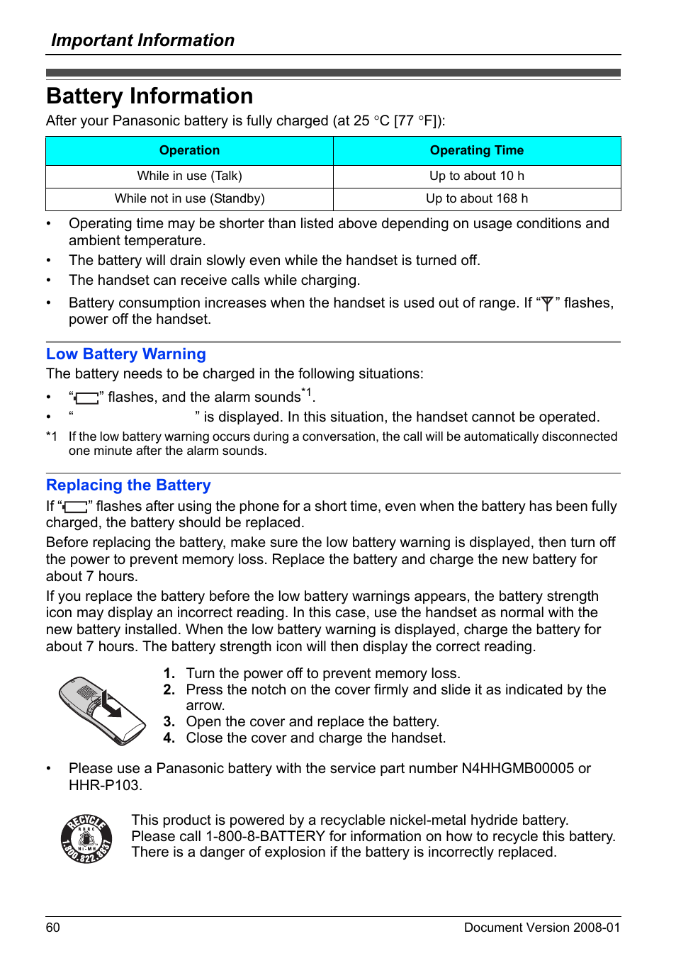 Important information, Battery information, To “bat | Tery information” on p | Panasonic 6.0 plus User Manual | Page 60 / 68