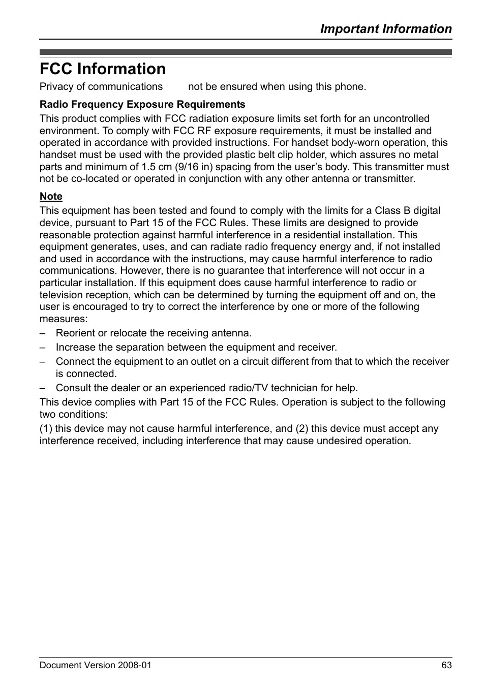 Fcc information, Important information | Panasonic 6.0 plus User Manual | Page 63 / 68