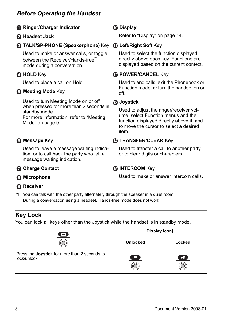 Key lock, Before operating the handset | Panasonic 6.0 plus User Manual | Page 8 / 68