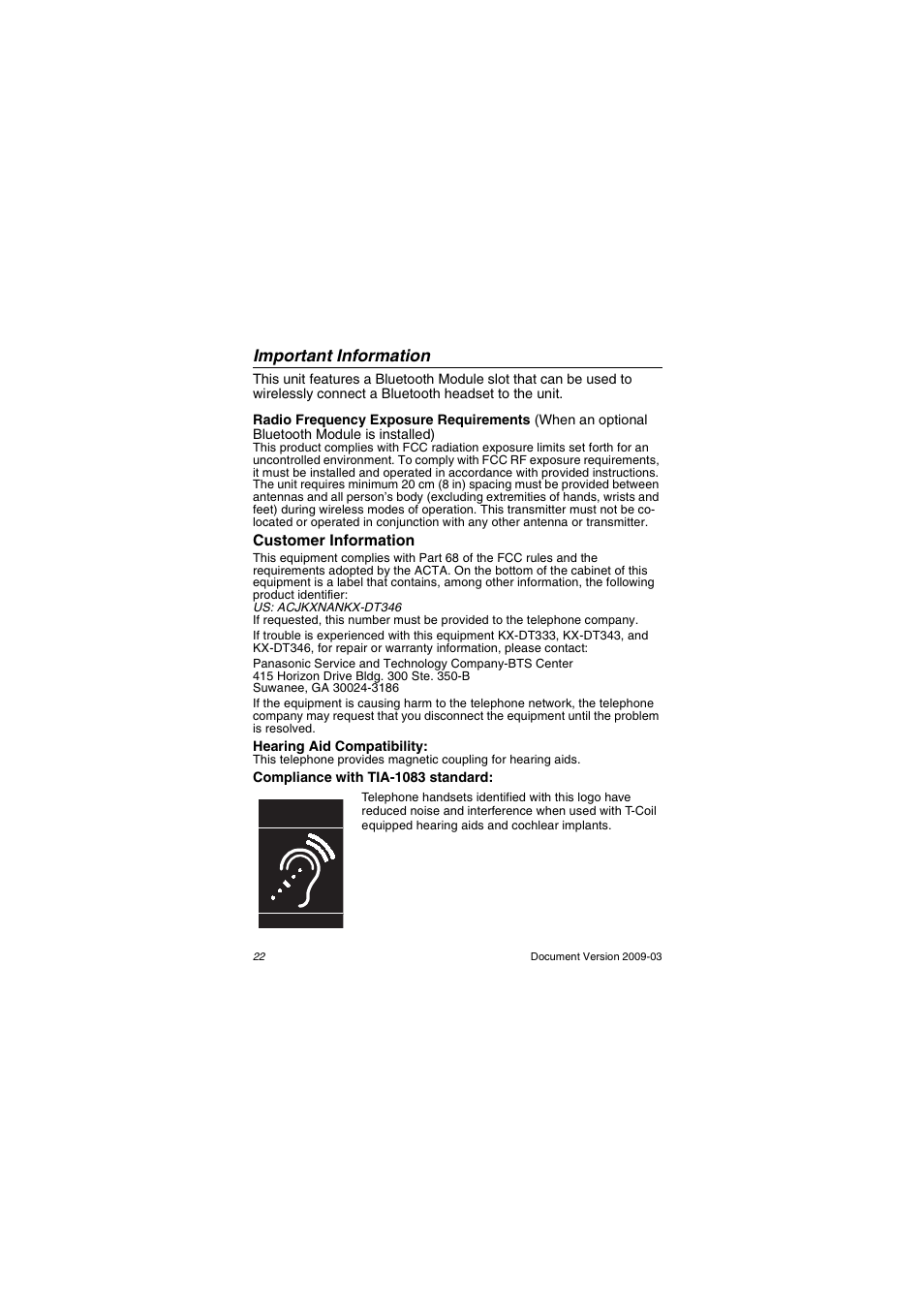 Important information | Panasonic kx-dt343 User Manual | Page 22 / 24