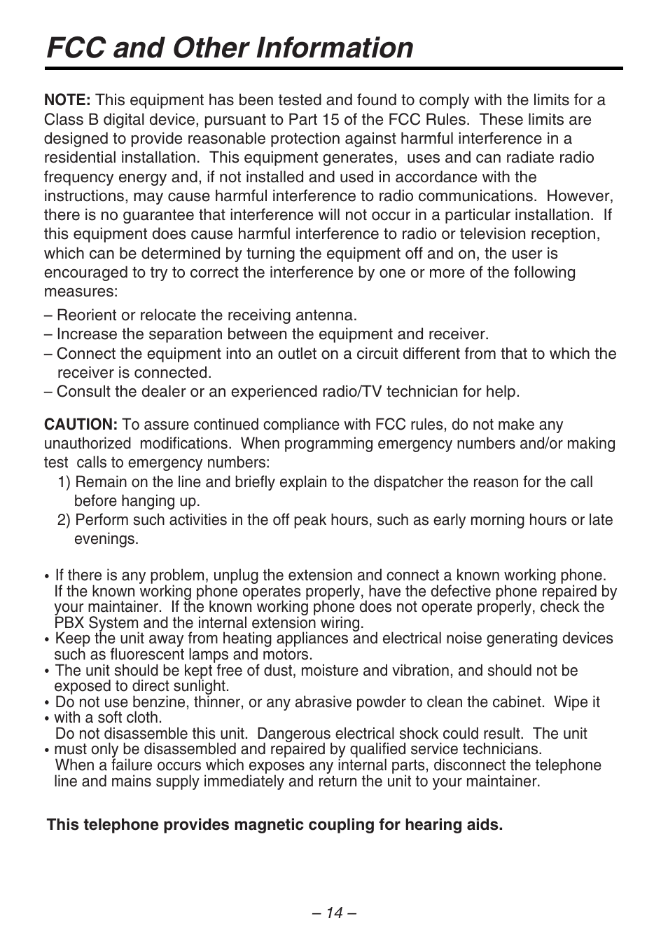 Fcc and other information | Panasonic kx-t7731 User Manual | Page 14 / 16