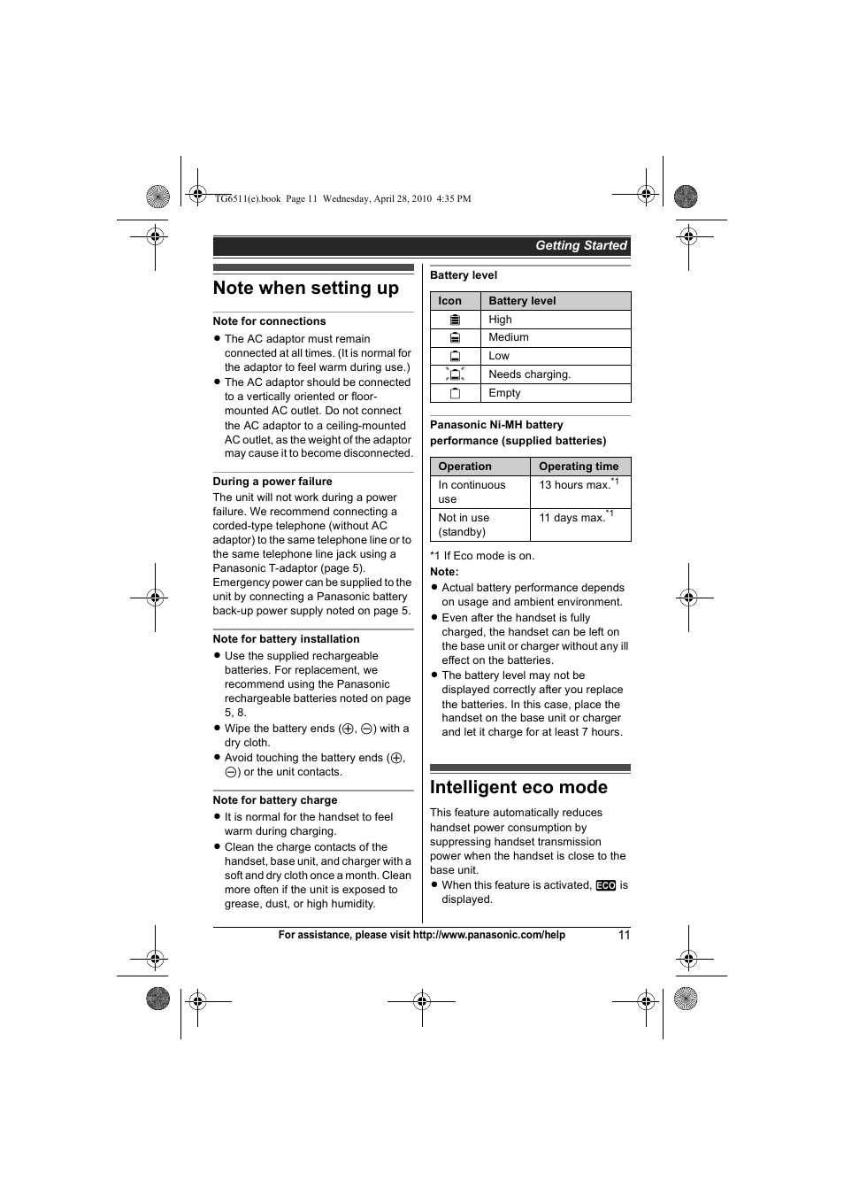 Note when setting up, Intelligent eco mode, Note when setting up intelligent eco mode | Panasonic KX-TG6511 User Manual | Page 11 / 64