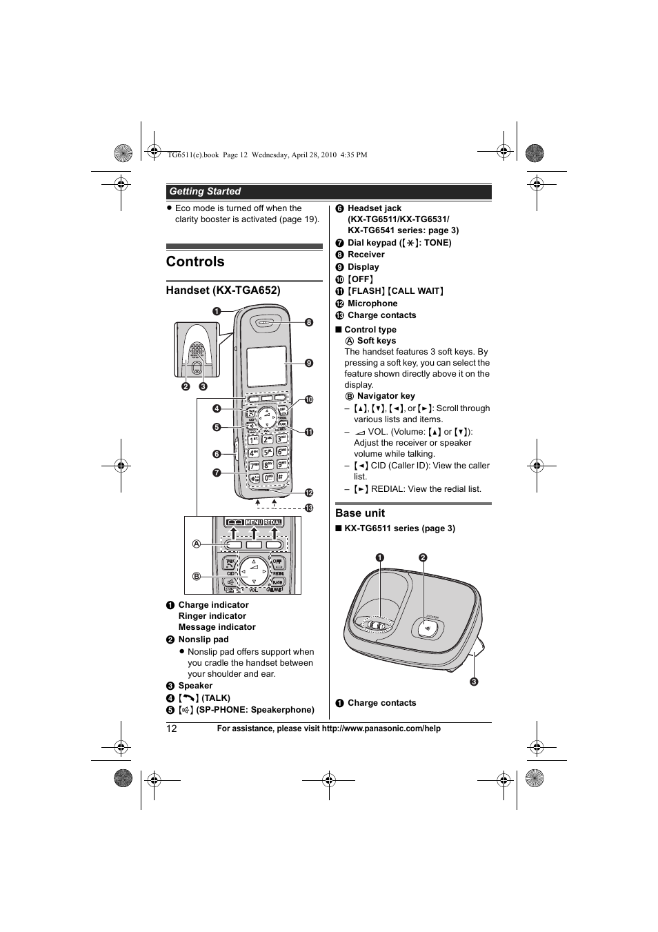 Controls | Panasonic KX-TG6511 User Manual | Page 12 / 64