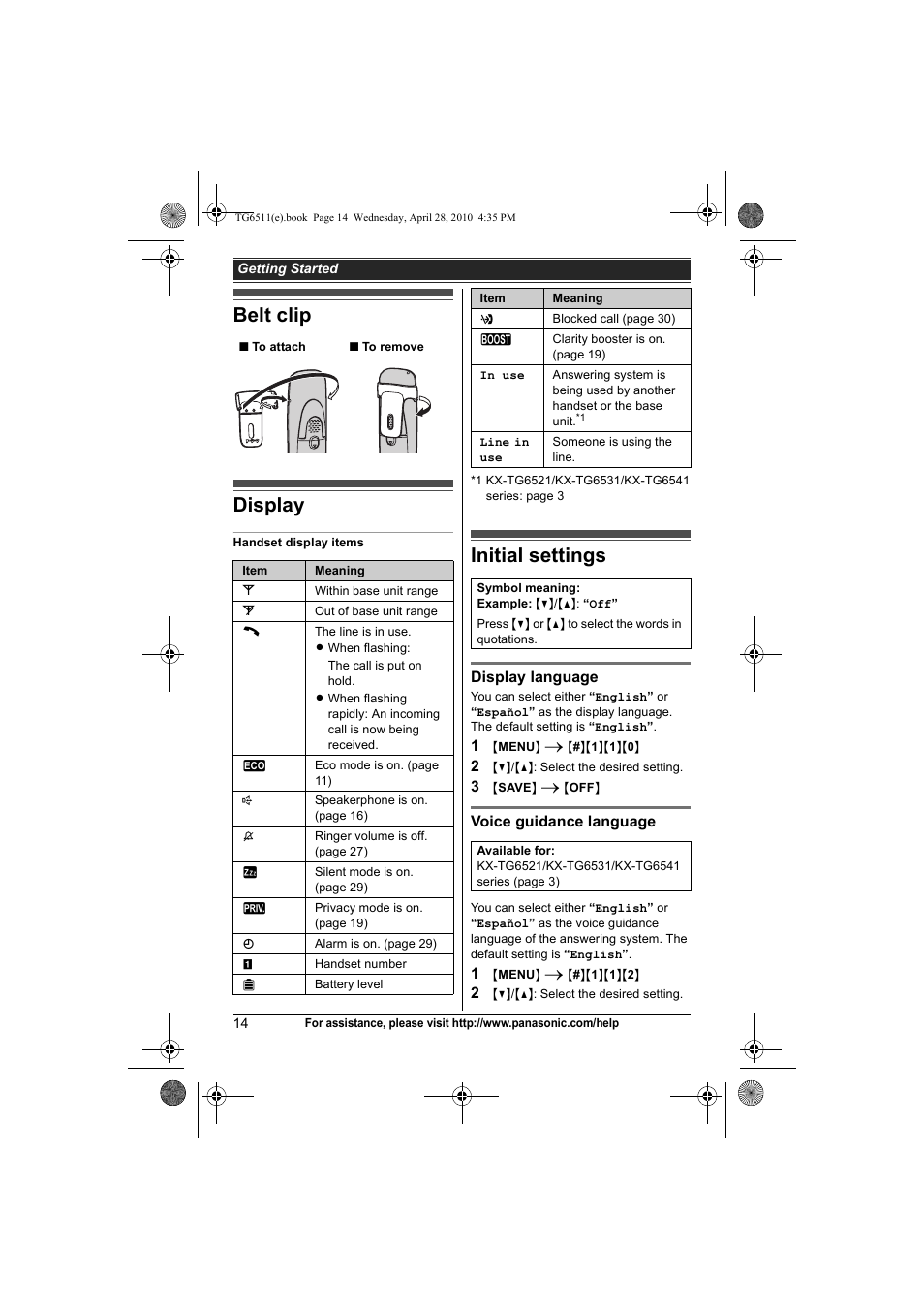 Belt clip, Display, Initial settings | Belt clip display initial settings, Belt clip display | Panasonic KX-TG6511 User Manual | Page 14 / 64