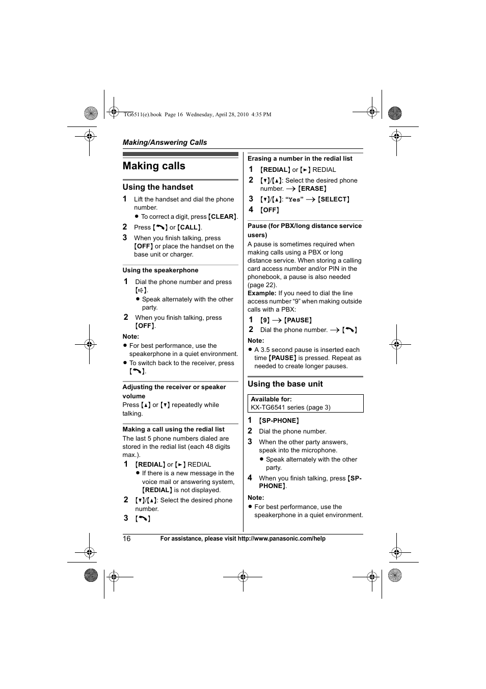 Making/answering calls, Making calls | Panasonic KX-TG6511 User Manual | Page 16 / 64