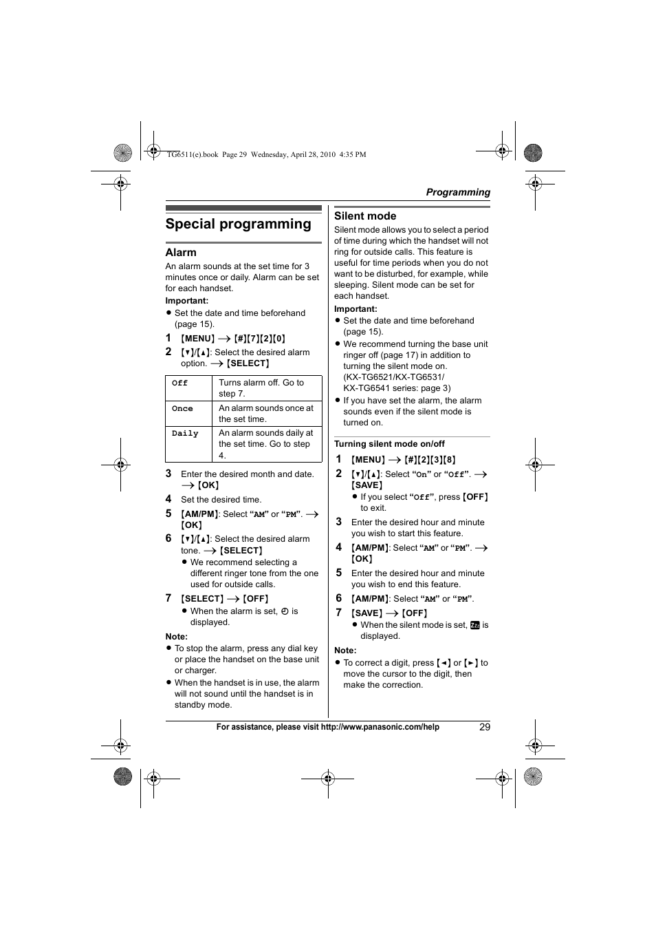 Special programming | Panasonic KX-TG6511 User Manual | Page 29 / 64