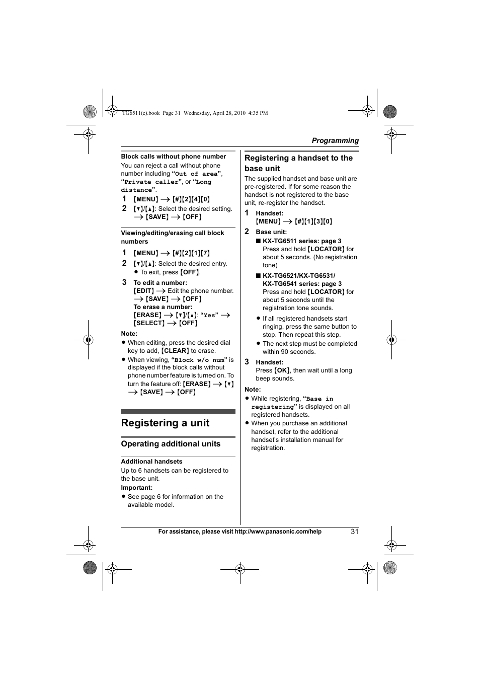 Registering a unit | Panasonic KX-TG6511 User Manual | Page 31 / 64