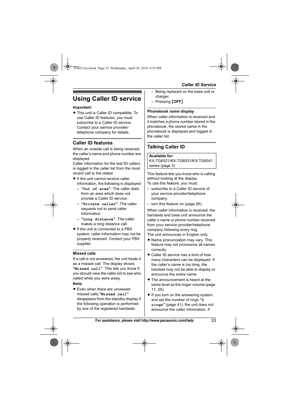 Caller id service, Using caller id service | Panasonic KX-TG6511 User Manual | Page 33 / 64