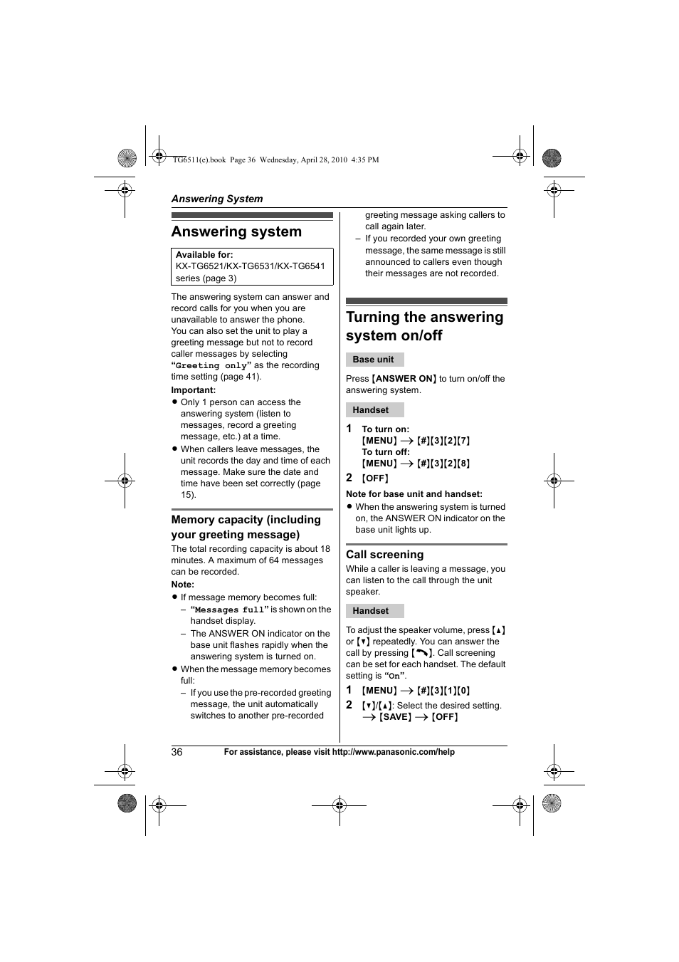 Answering system, Turning the answering system on/off | Panasonic KX-TG6511 User Manual | Page 36 / 64