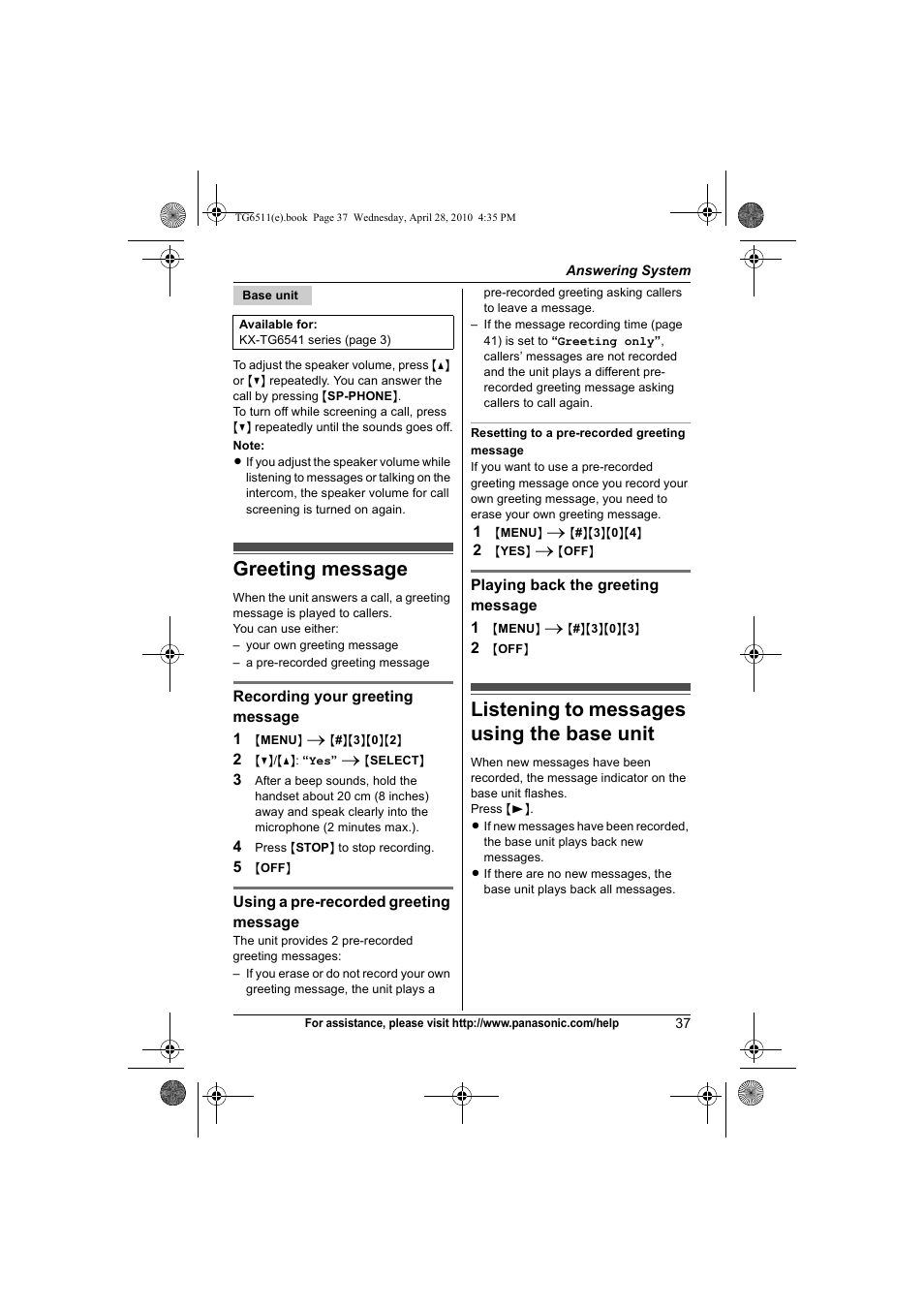 Greeting message, Listening to messages using the base unit | Panasonic KX-TG6511 User Manual | Page 37 / 64