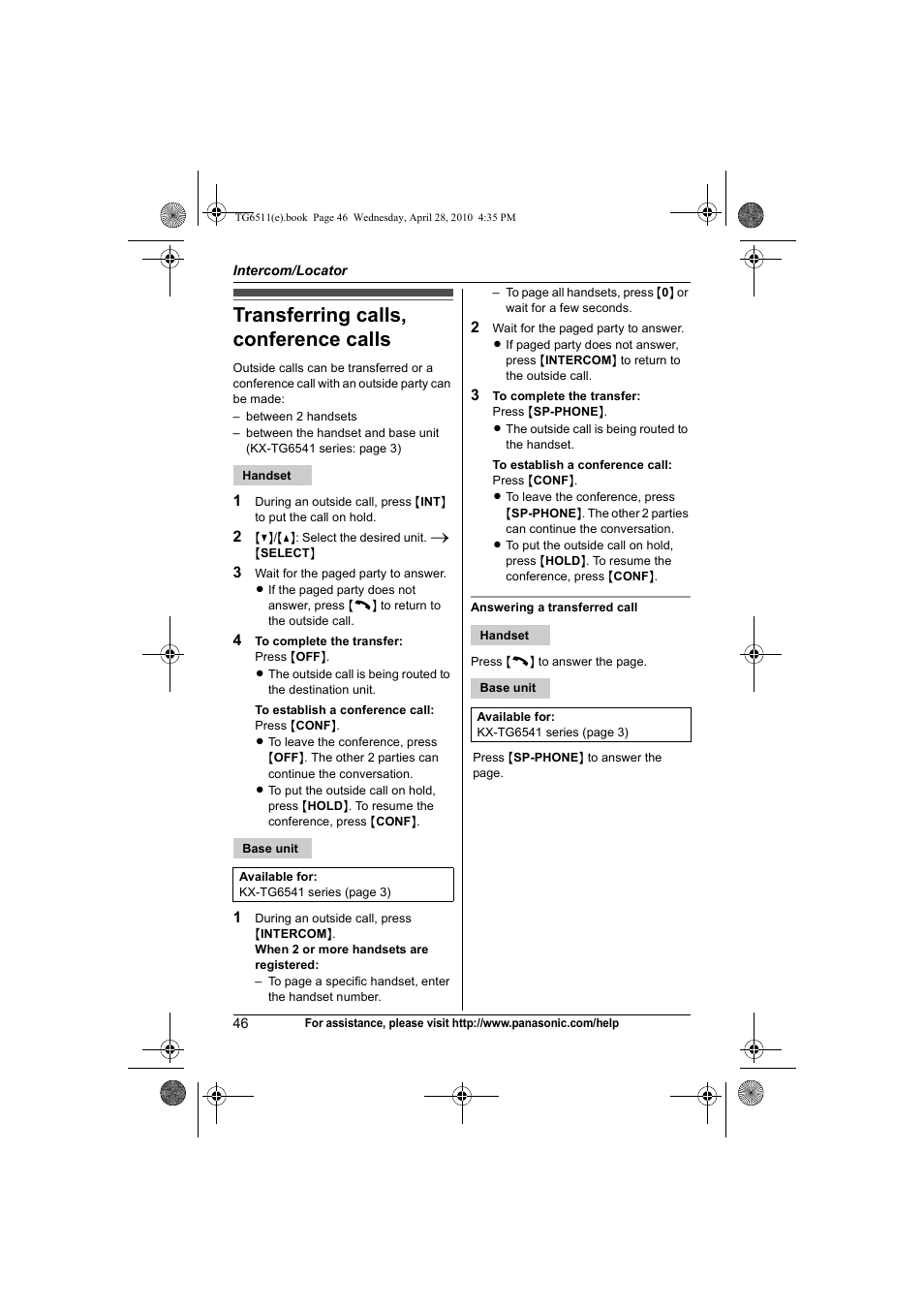 Transferring calls, conference calls, Transferring calls, conference calls . 46 | Panasonic KX-TG6511 User Manual | Page 46 / 64