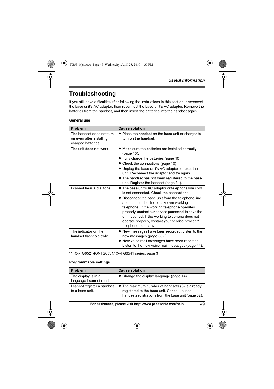 Troubleshooting | Panasonic KX-TG6511 User Manual | Page 49 / 64