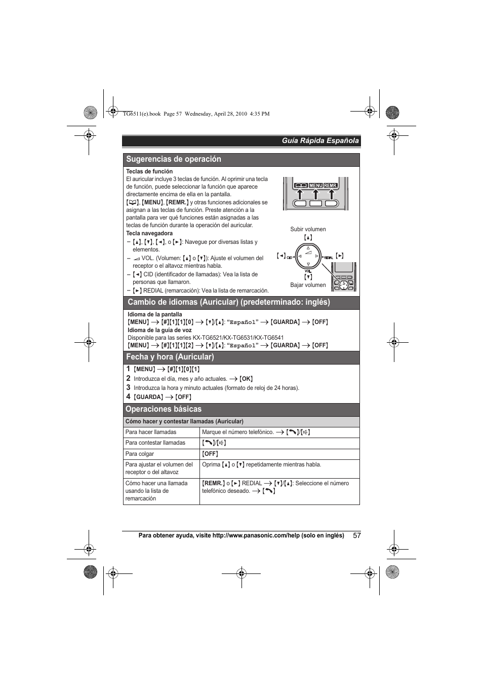 Sugerencias de operación, Fecha y hora (auricular), Operaciones básicas | Panasonic KX-TG6511 User Manual | Page 57 / 64
