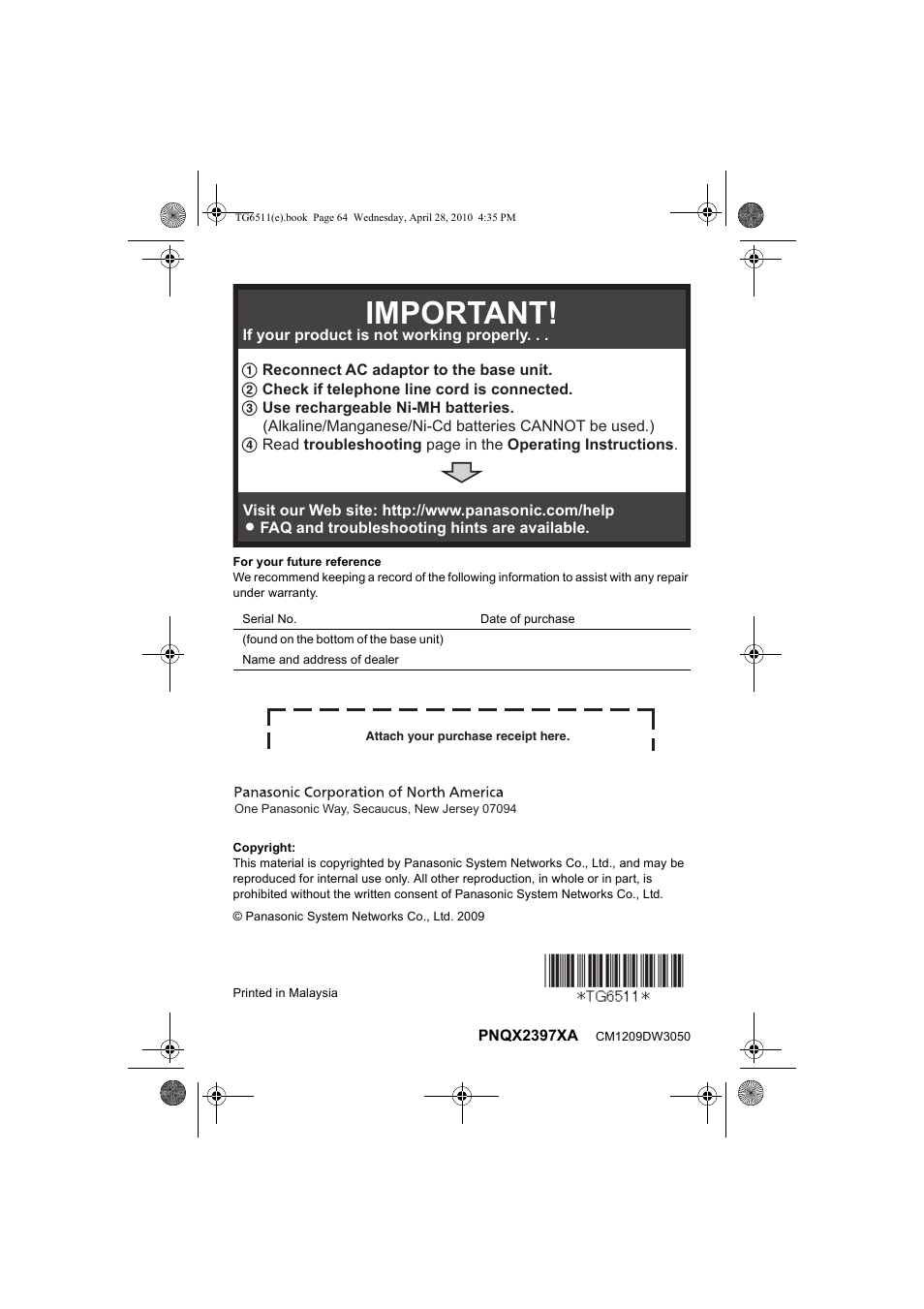 Important | Panasonic KX-TG6511 User Manual | Page 64 / 64