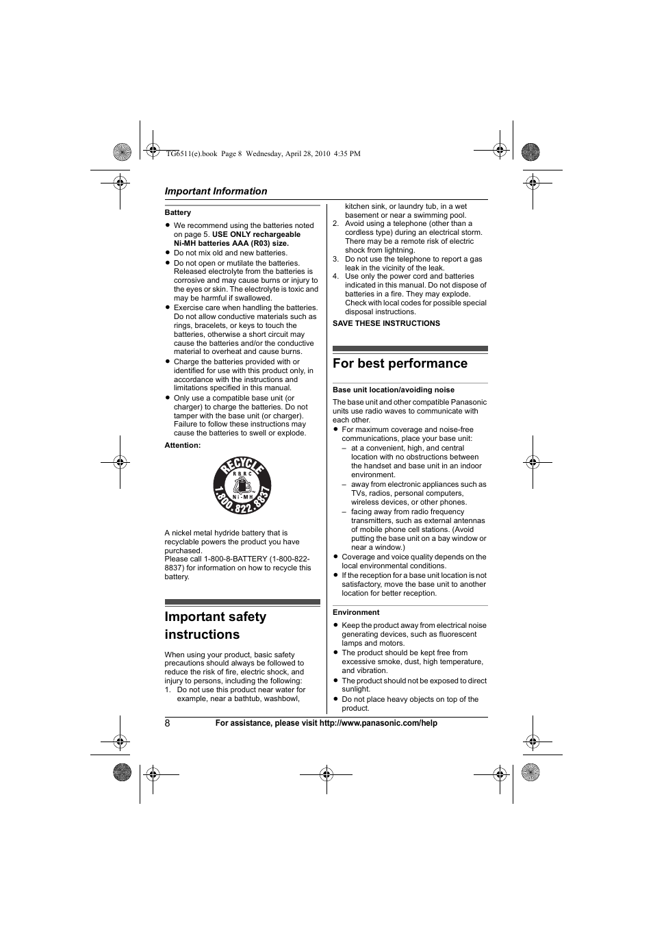 Important safety instructions for best performance, Important safety instructions, For best performance | Panasonic KX-TG6511 User Manual | Page 8 / 64