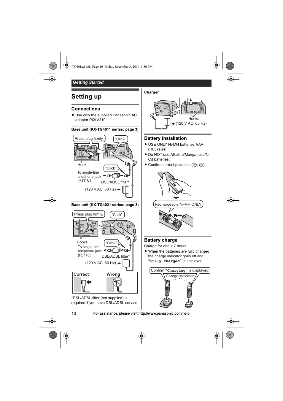 Getting started, Setting up | Panasonic KX-TG4011 User Manual | Page 10 / 52