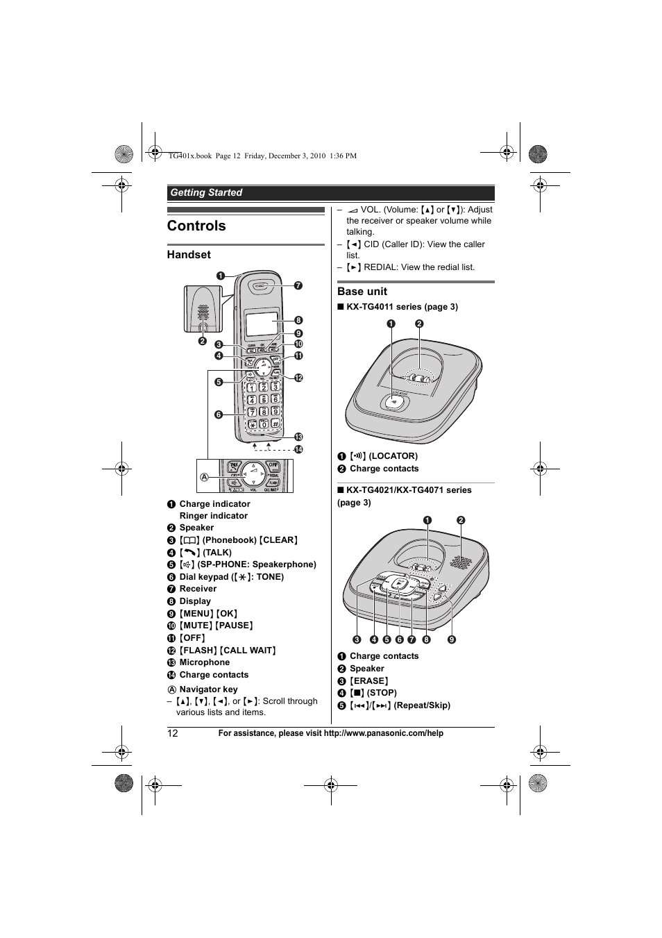 Controls | Panasonic KX-TG4011 User Manual | Page 12 / 52