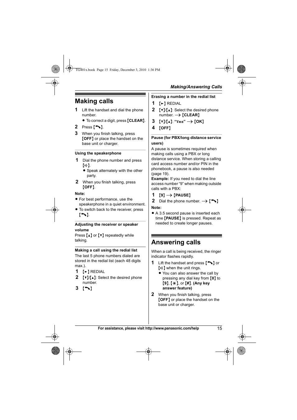 Making/answering calls, Making calls, Answering calls | Making calls answering calls | Panasonic KX-TG4011 User Manual | Page 15 / 52