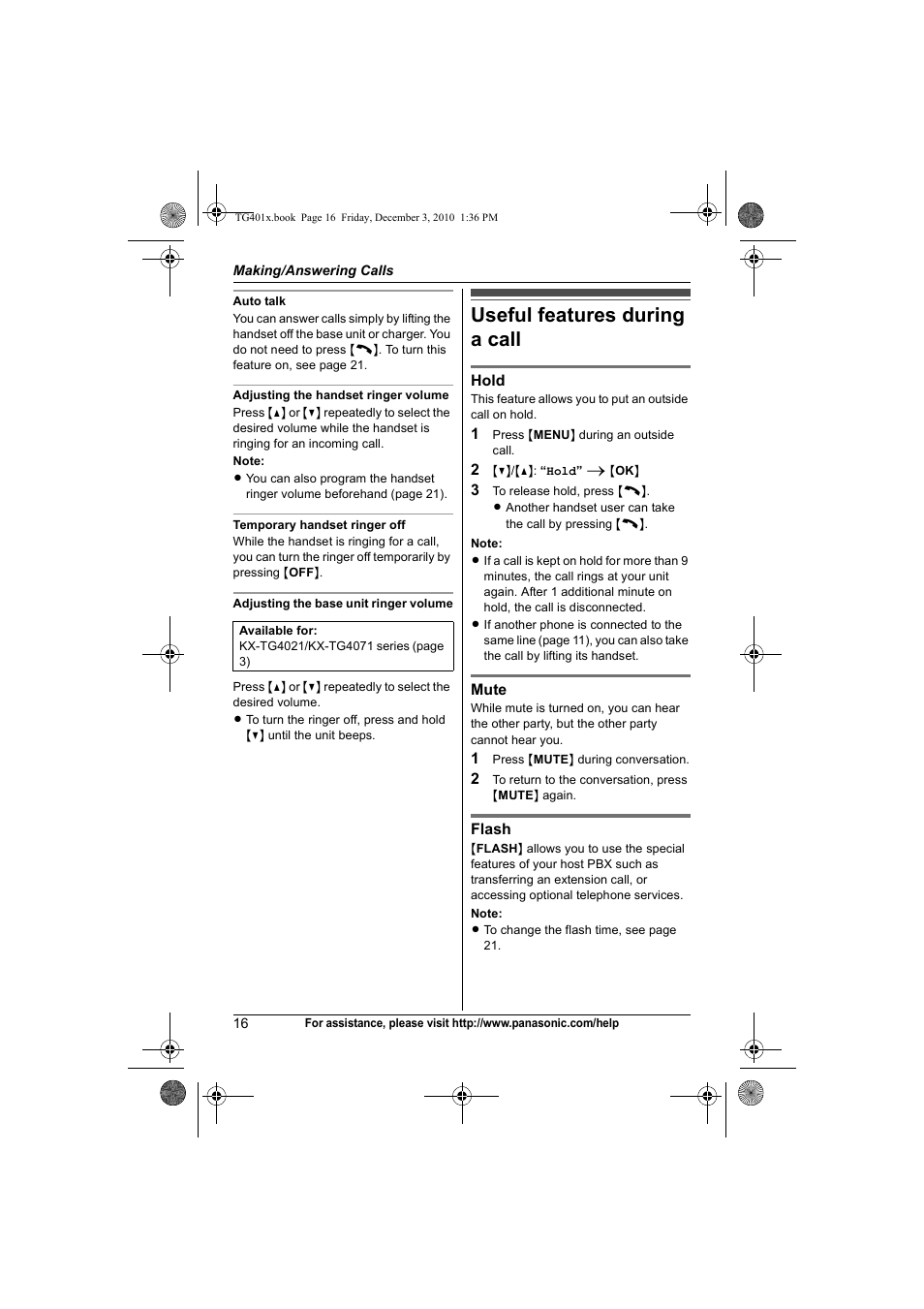 Useful features during a call | Panasonic KX-TG4011 User Manual | Page 16 / 52