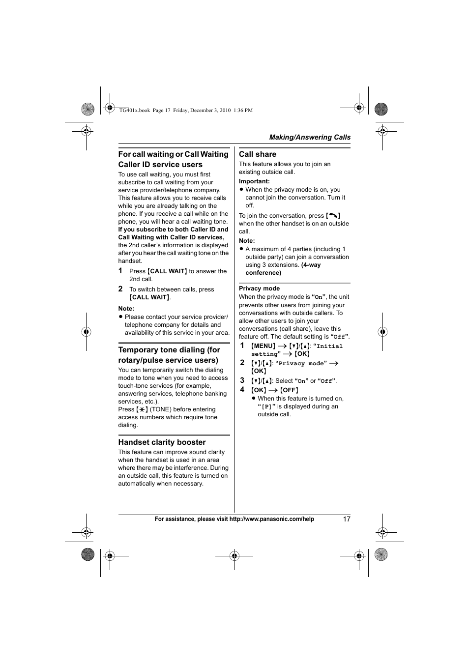 Panasonic KX-TG4011 User Manual | Page 17 / 52