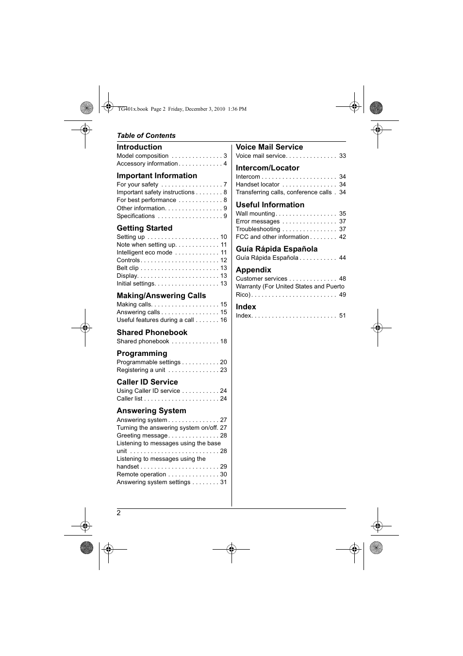 Panasonic KX-TG4011 User Manual | Page 2 / 52