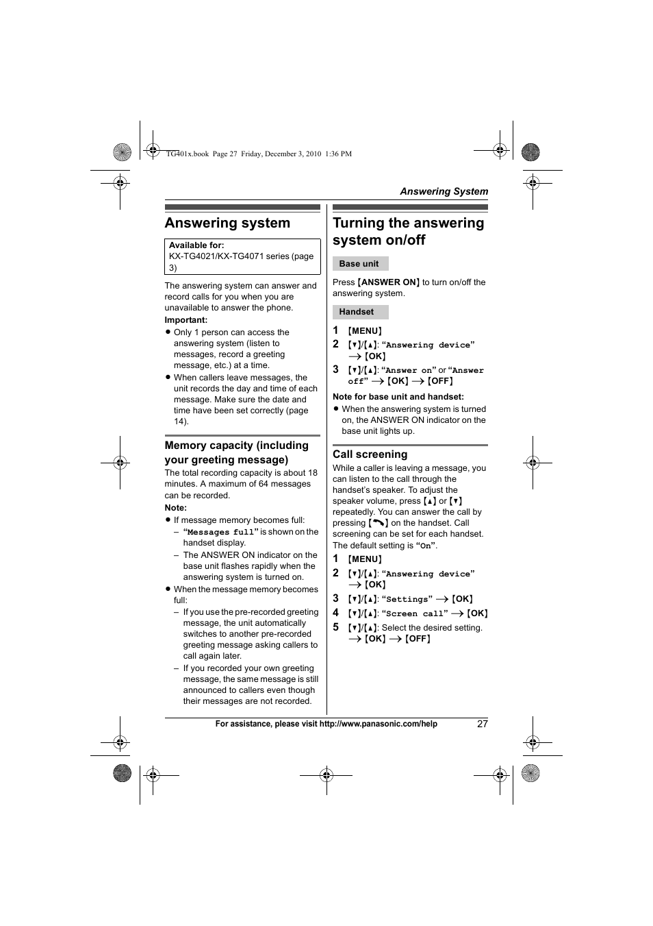 Answering system, Turning the answering system on/off | Panasonic KX-TG4011 User Manual | Page 27 / 52