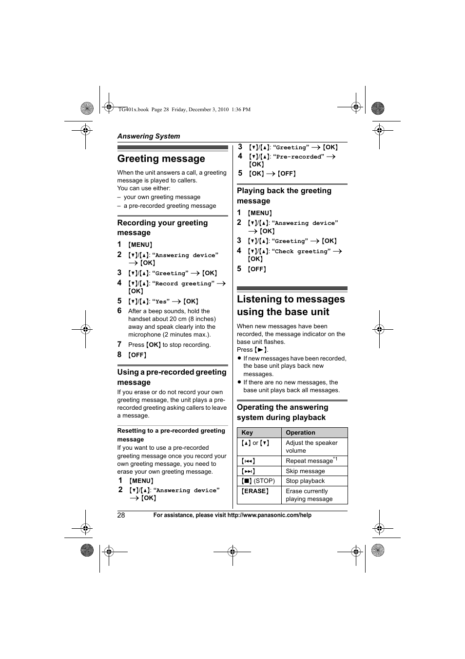 Greeting message, Listening to messages using the base unit | Panasonic KX-TG4011 User Manual | Page 28 / 52