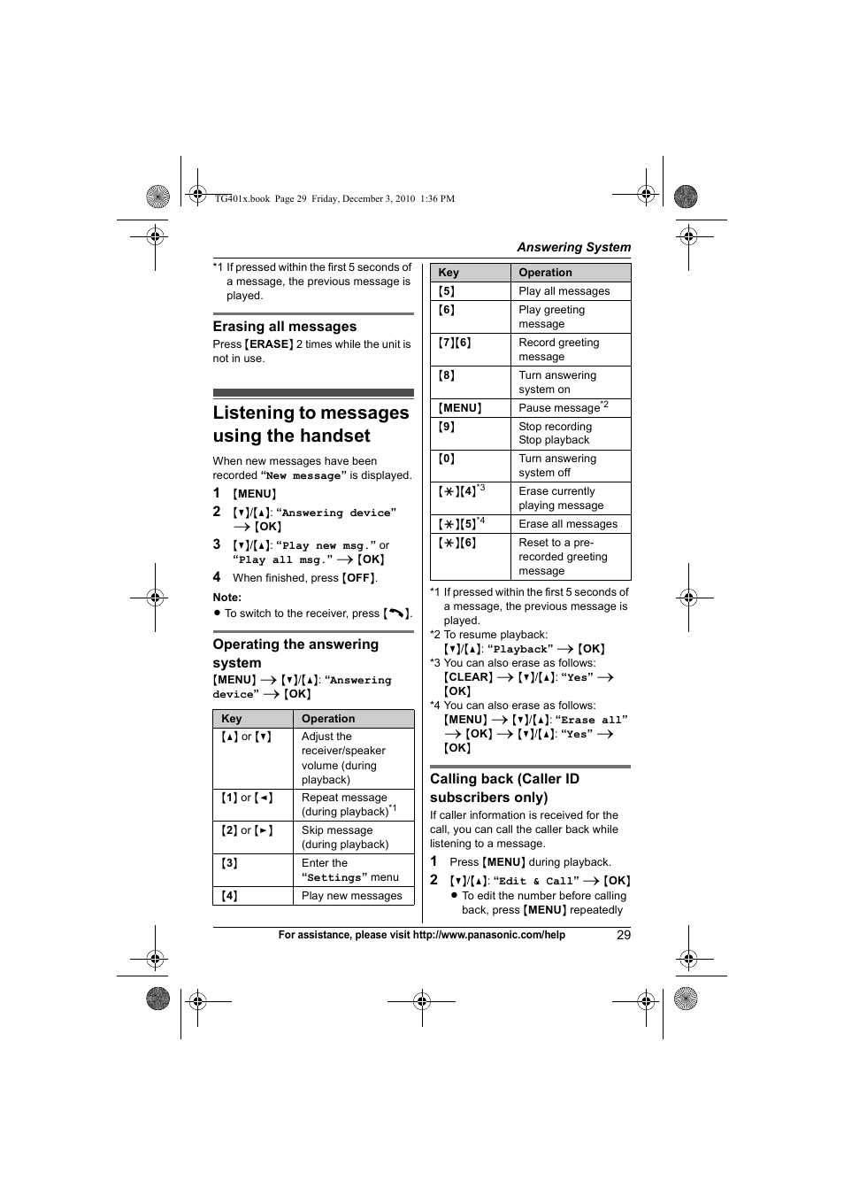 Listening to messages using the handset | Panasonic KX-TG4011 User Manual | Page 29 / 52