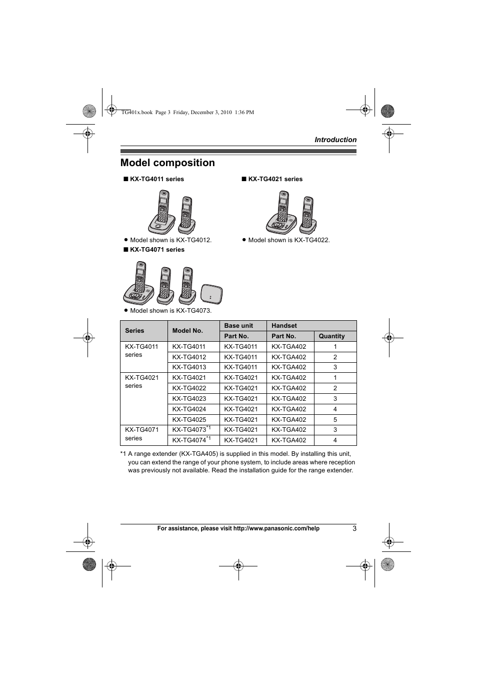 Introduction, Model composition | Panasonic KX-TG4011 User Manual | Page 3 / 52