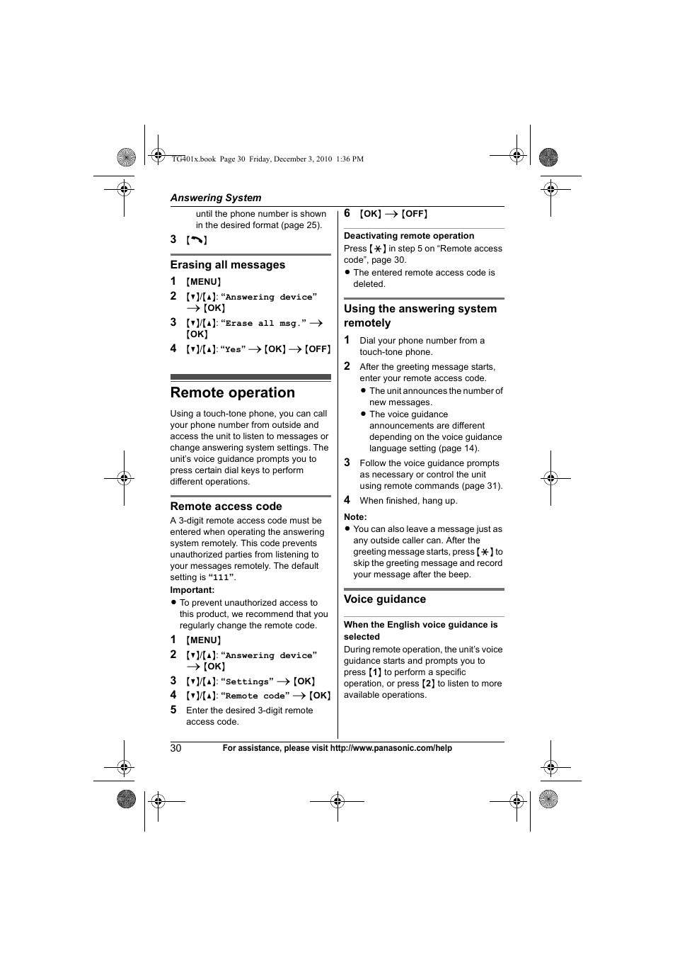 Remote operation | Panasonic KX-TG4011 User Manual | Page 30 / 52