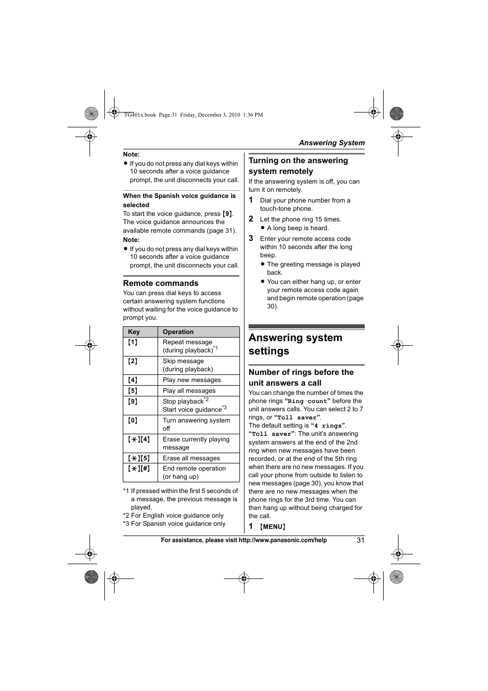 Answering system settings | Panasonic KX-TG4011 User Manual | Page 31 / 52