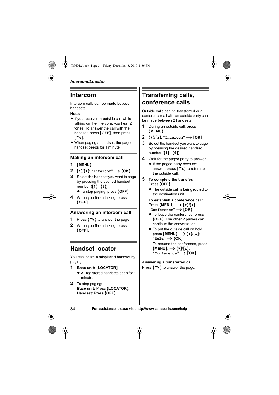 Intercom/locator, Intercom, Handset locator | Transferring calls, conference calls | Panasonic KX-TG4011 User Manual | Page 34 / 52