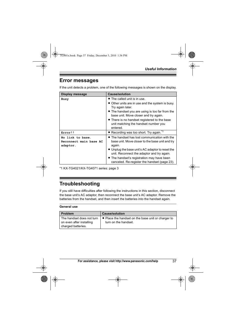 Error messages, Troubleshooting, Error messages troubleshooting | Panasonic KX-TG4011 User Manual | Page 37 / 52