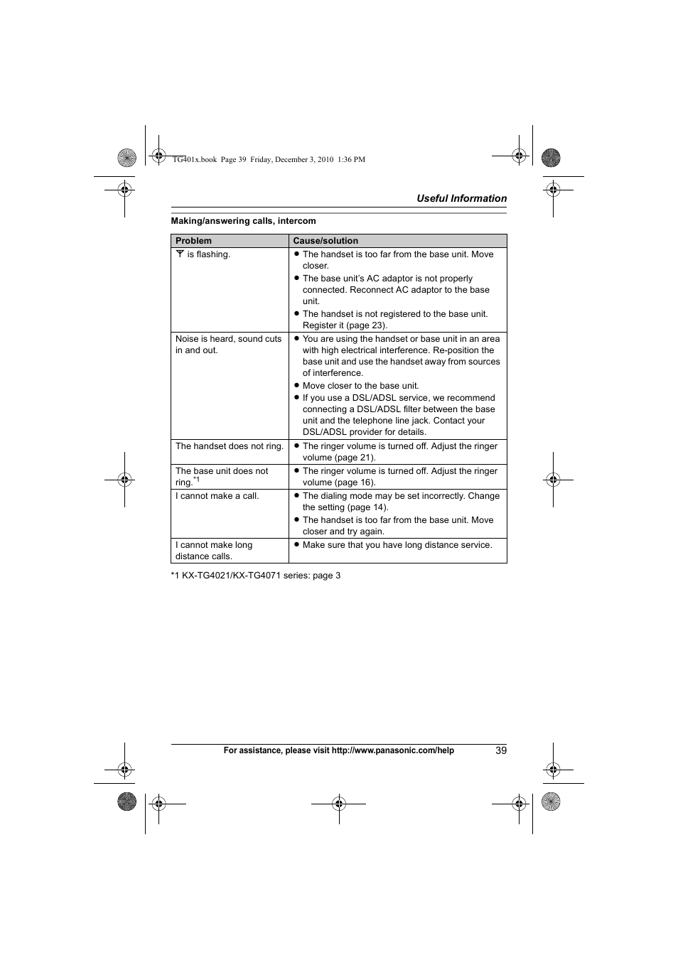 Panasonic KX-TG4011 User Manual | Page 39 / 52