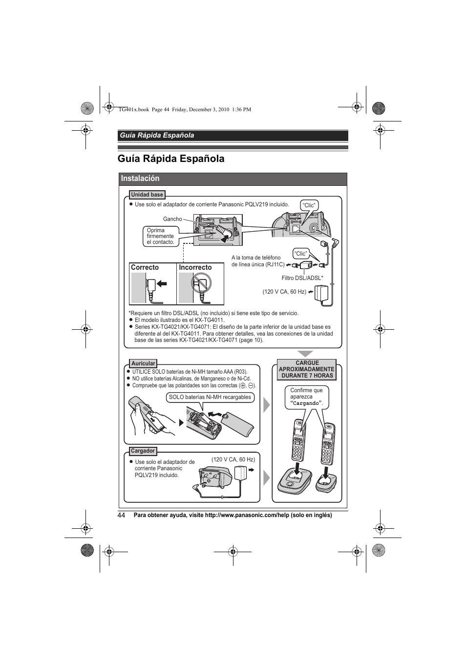 Guía rápida española, Instalación | Panasonic KX-TG4011 User Manual | Page 44 / 52