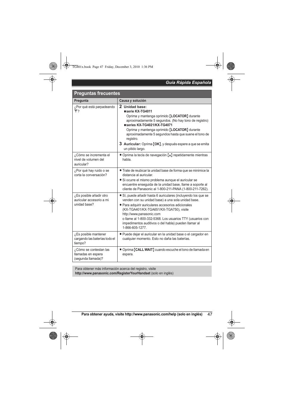 Preguntas frecuentes | Panasonic KX-TG4011 User Manual | Page 47 / 52