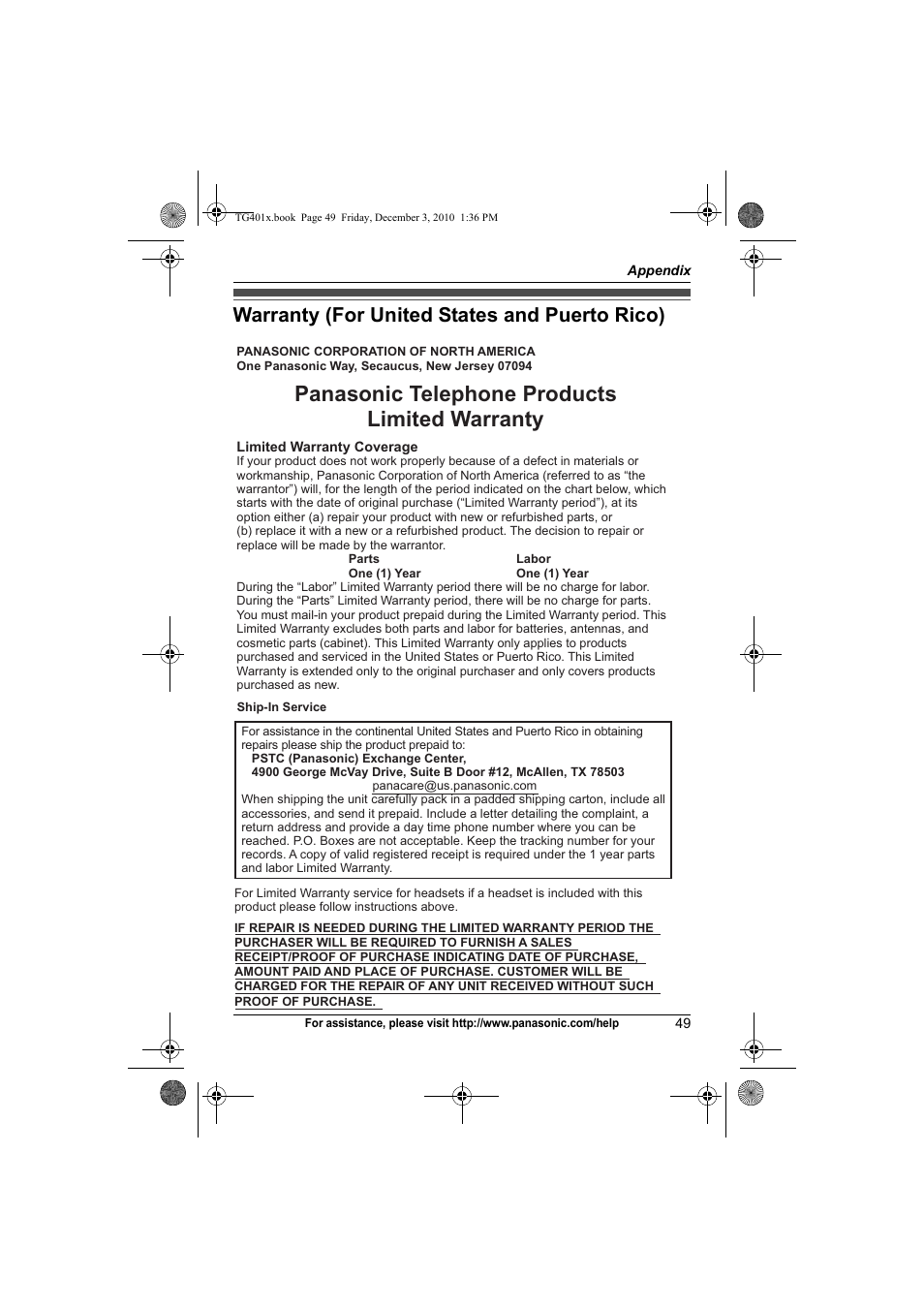 Warranty (for united states and puerto rico), Panasonic telephone products limited warranty | Panasonic KX-TG4011 User Manual | Page 49 / 52