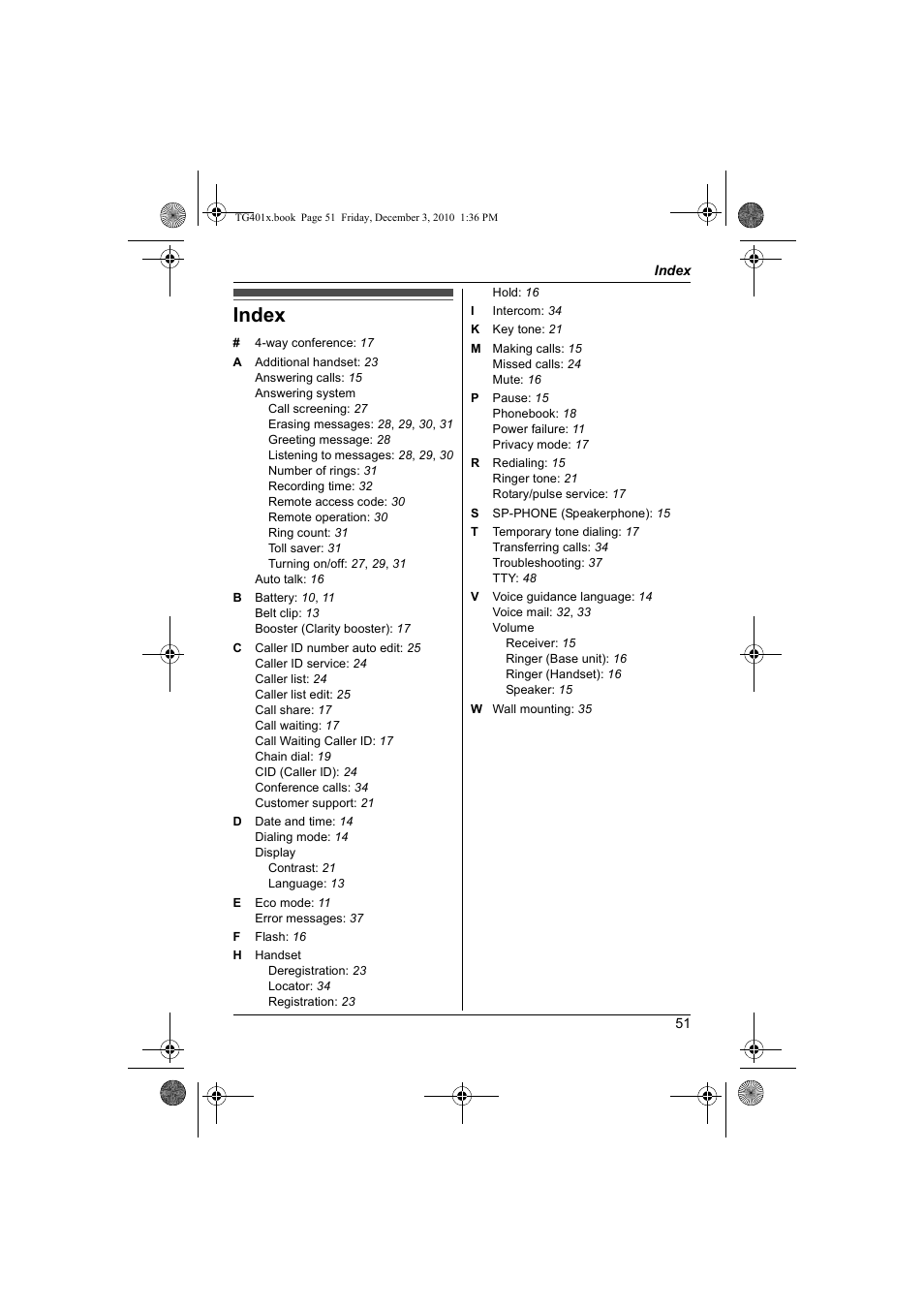 Index | Panasonic KX-TG4011 User Manual | Page 51 / 52