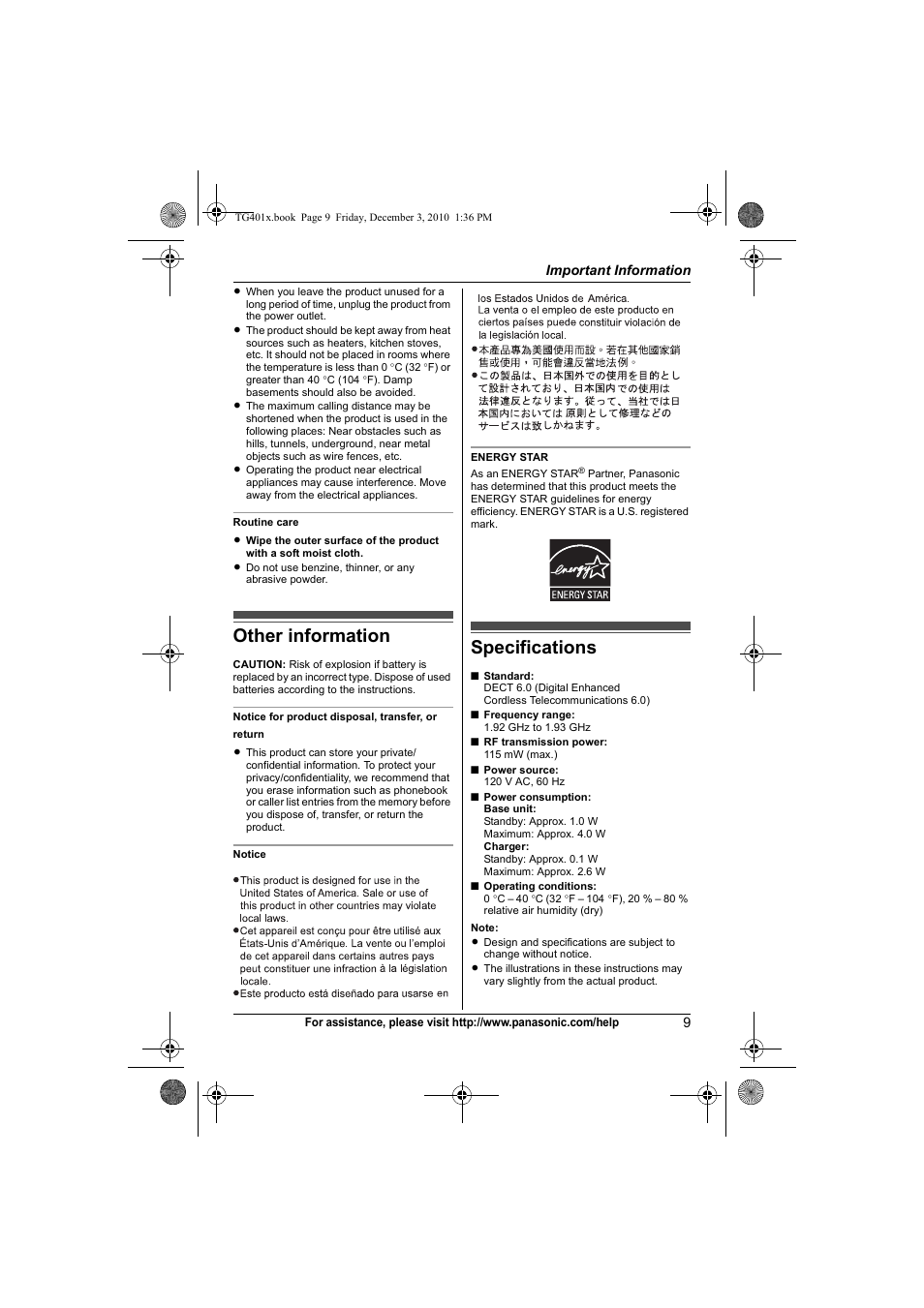 Other information specifications, Other information, Specifications | Panasonic KX-TG4011 User Manual | Page 9 / 52