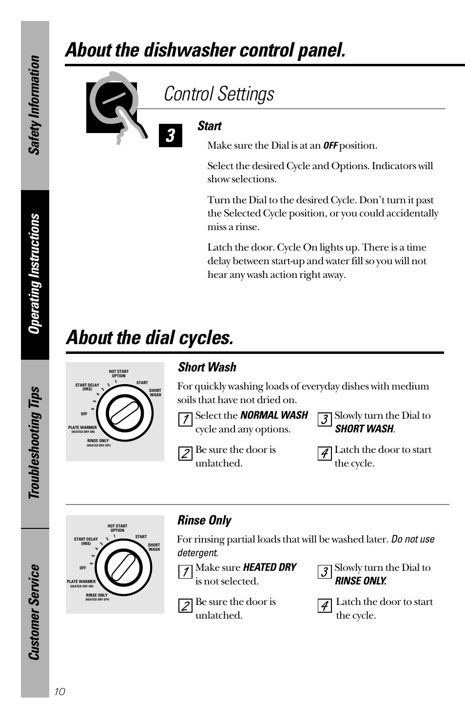 Dial cycles, Dial cycles , 11, About the dial cycles | Short wash, Rinse only, Start | GE nautilus dishwasher User Manual | Page 10 / 32