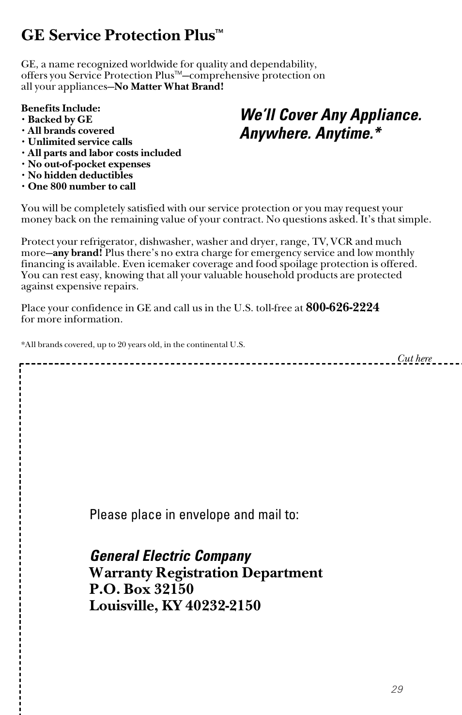 Product registration, We’ll cover any appliance. anywhere. anytime, Ge service protection plus | General electric company, Please place in envelope and mail to | GE nautilus dishwasher User Manual | Page 29 / 32