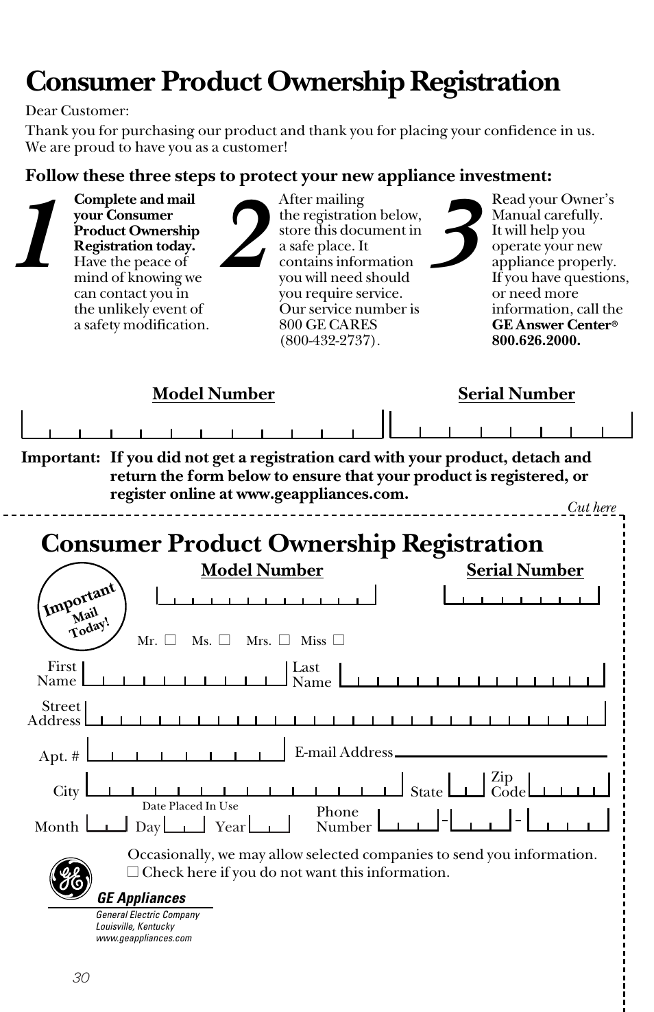 Consumer product ownership registration | GE nautilus dishwasher User Manual | Page 30 / 32