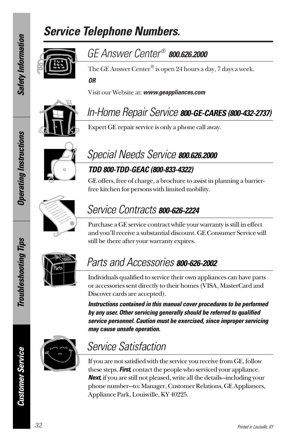 Service telephone numbers, Ge answer center, In-home repair service | Special needs service, Service contracts, Parts and accessories, Service satisfaction | GE nautilus dishwasher User Manual | Page 32 / 32