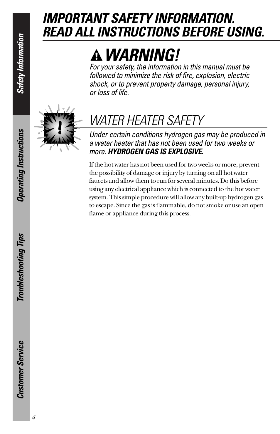 Safety information, Safety information –7, Warning | Water heater safety | GE nautilus dishwasher User Manual | Page 4 / 32